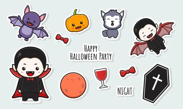 Set Collezione Adesivi Carino Dracula Halloween Con Oggetto Doodle Cartoon — Vettoriale Stock