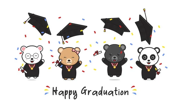 快乐的毕业卡片与可爱的熊毕业涂鸦卡通图标设计平面卡通风格 免版税图库插图
