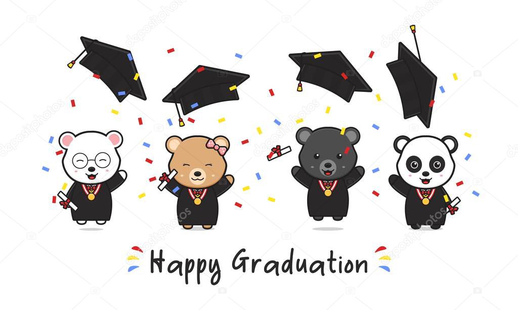 Happy graduation card with cute bear graduating doodle cartoon icon illustration design flat cartoon style