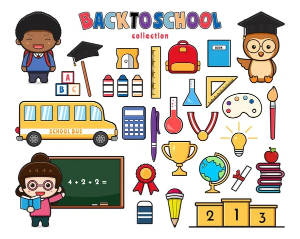 Zestaw Kolekcja Cute Powrót Szkoły Sprzętu Doodle Clip Art Cartoon — Wektor stockowy