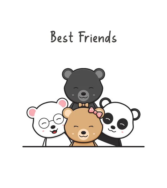 Ours Mignon Meilleurs Amis Salutation Dessin Animé Carte Doodle Icône — Image vectorielle