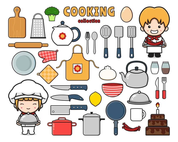 Set Colección Lindo Chef Con Objeto Clip Arte Garabato Icono — Vector de stock