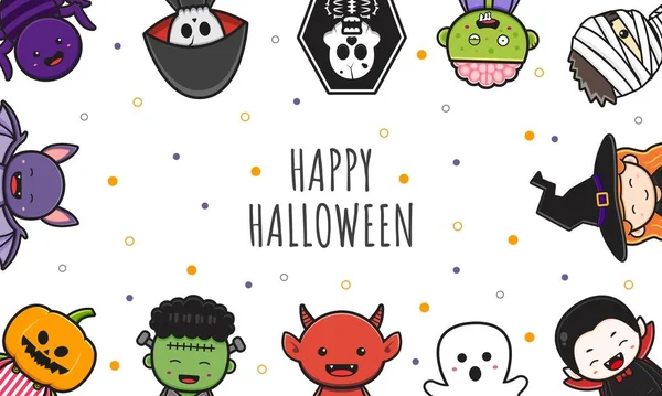 Carino Halloween Personaggio Sfondo Banner Cartone Animato Illustrazione Piatto Stile — Vettoriale Stock