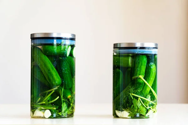 Pickled Cucumbers Glass Jars — Stock Photo, Image