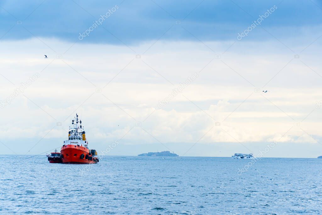 ship sailing marble sea with islands in the background