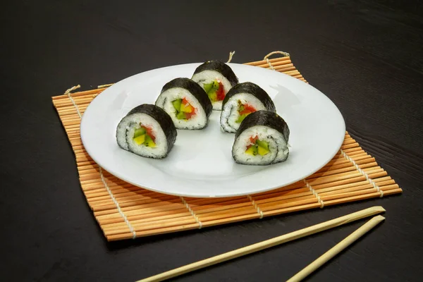 Delicious Fresh Sushi White Plate Black Table Japanese Cuisine — Stock Photo, Image