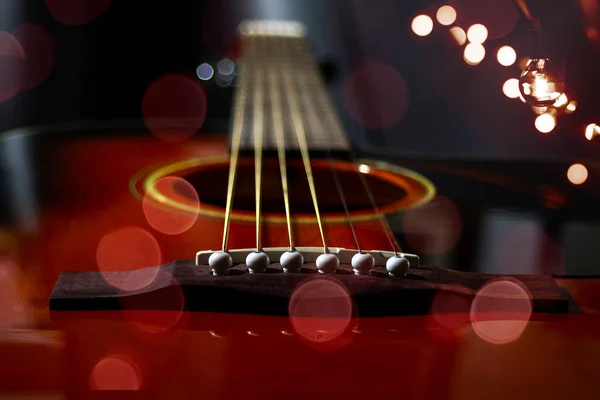 Soporte Cuerda Guitarra Umbral Inferior Primer Plano Guitarra Acústica Seis — Foto de Stock