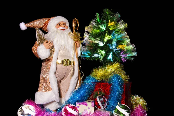 Papai Noel Árvore Natal Brilhante Caixas Com Presentes Brinquedos Natal — Fotografia de Stock