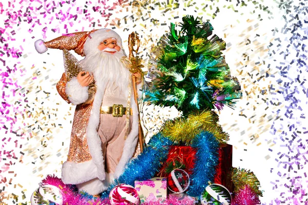 Papai Noel Uma Árvore Natal Brilhante Caixas Com Presentes Brinquedos — Fotografia de Stock