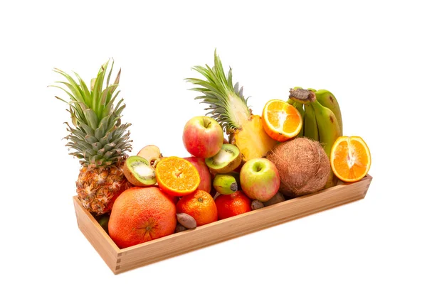 Gezond Eten Set Van Verse Tropische Vruchten Een Houten Dienblad — Stockfoto