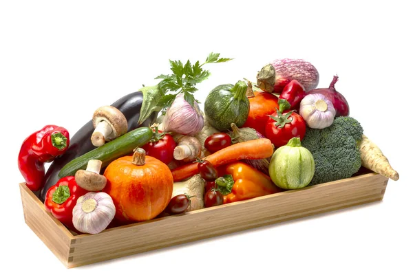 Assorted Organic Vegetables Wooden Box White Isolated Background — Stock Photo, Image