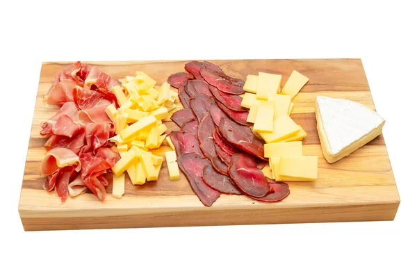 Carne Formaggio Assortiti Fette Fredde Pezzo Brie Cheese Una Tavola — Foto Stock