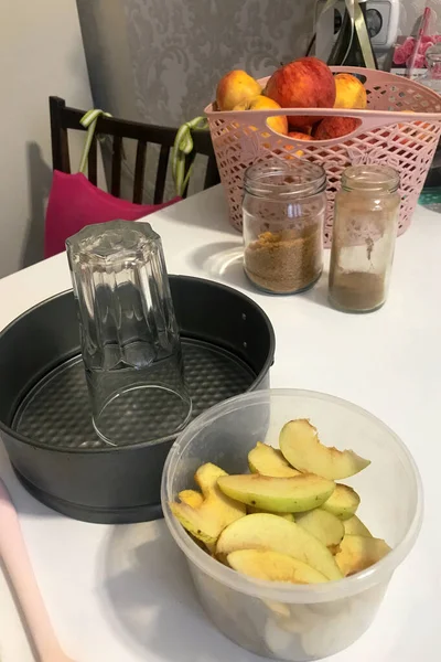 Mesa Estão Ingredientes Ferramentas Para Fazer Charlotte Torta Outono Com — Fotografia de Stock