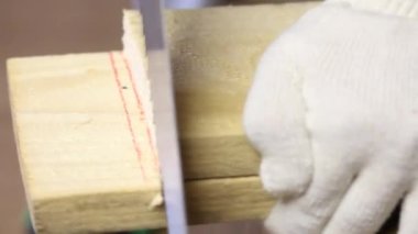 Kesme çizgisi boyunca bir adam tahtayı kesiyor. Sebze toplamak için bir depolama kutusu yapıyor. Bir apartman dairesinde salgın sırasında sebze toplamak. Yakın çekim..