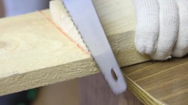 Bir adam tahtayı kesiyor. Sebze toplamak için bir depolama kutusu yapıyor. Bir apartman dairesinde salgın sırasında sebze toplamak. Yakın çekim..