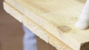 Adam tahtada deniyor. Sebze toplamak için bir depolama kutusu yapıyor. Bir apartman dairesinde salgın sırasında sebze toplamak. Yakın çekim..