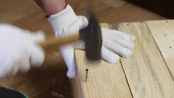 Ein Mann schlägt Holzplanken mit Nägeln um. Macht eine Aufbewahrungsbox für die Ernte von Gemüse. Gemüseernte während der Epidemie in einer Stadtwohnung. — Stockvideo