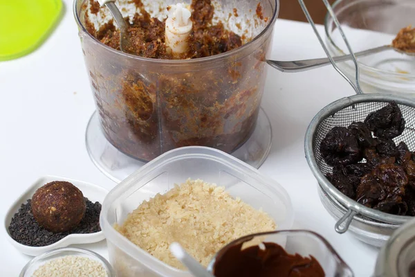 Dried Fruit Nut Sweets Ingredients Tools Cooking Spread Out Table — Stock Photo, Image