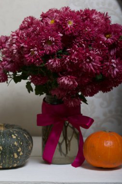 Beyaz arka planda bir buket kırmızı kasımpatı. Yakınlarda iki balkabağı var. Yakın çekim..