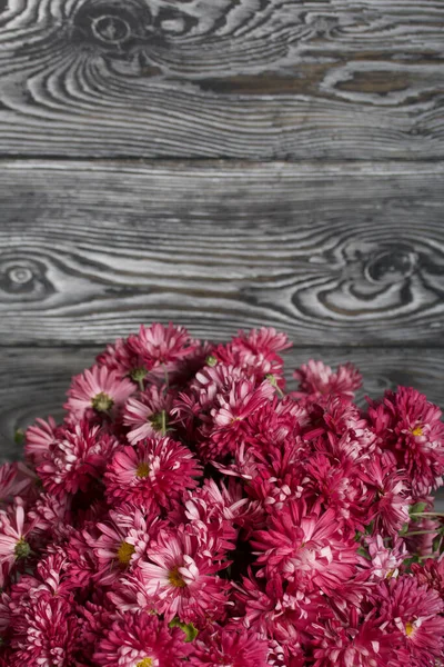 Bouquet Red Chrysanthemums Background Black Pine Boards — Stock Photo, Image