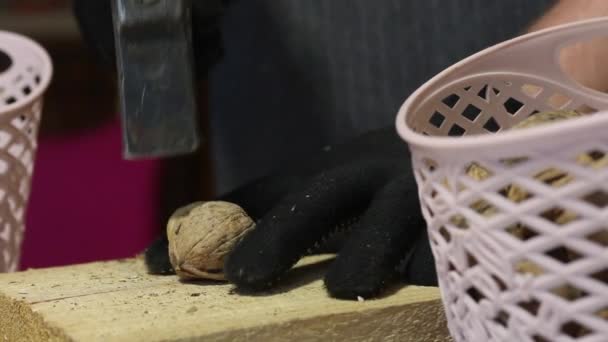 Un hombre pincha nueces con un martillo. En un bloque de madera. Separa las cáscaras y los granos y los coloca en la cesta. Primer plano de disparo. — Vídeos de Stock