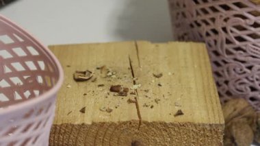 Bir adam çekiçle ceviz patlatır. Tahta bir blokta. Sepete at.
