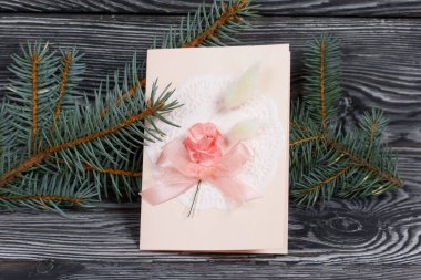 Pembe gözlüklü tebrik kartı. Spruce şubesi. Simsiyah tahtalar üzerinde,.