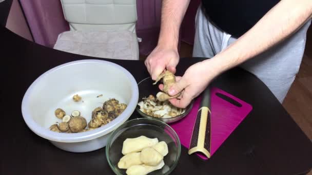 Um homem descasca alcachofra de Jerusalém com uma faca de cozinha. Solta o vegetal descascado em um recipiente, a casca em outro.. — Vídeo de Stock