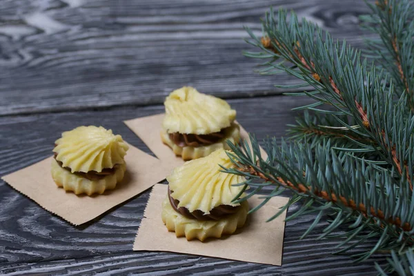 Eclair Cremă Ciocolată Apropiere Este Ramură Molid Panouri Pin — Fotografie, imagine de stoc