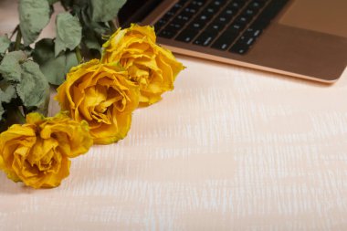 Açık pembe dizüstü bilgisayar parçası. Yakınlarda sarı güller var. Yüzey bej ve beyaza boyanmış..