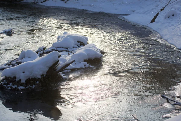 Paisaje Invernal Río Sinuoso Parque Invierno Los Árboles Crecen Cubiertos — Foto de Stock