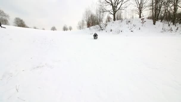 La niña sube a una colina cubierta de nieve, se sienta en un trineo y se desliza hacia el fondo de la colina.. — Vídeos de Stock