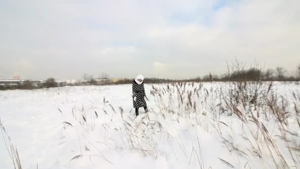 La chica camina por el páramo de invierno. Está entre la hierba alta y seca. Hay mucha nieve alrededor.. — Vídeos de Stock