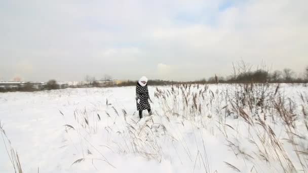 Дівчина проходить через зимову пустелю. Піднімається серед високої, сушеної трави. Навколо багато снігу. . — стокове відео