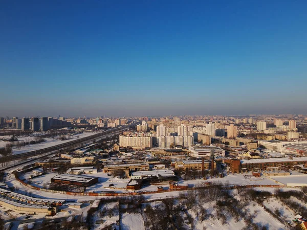 Winter urban landscape. Aerial photography of the winter landscape. Panoramic photography.