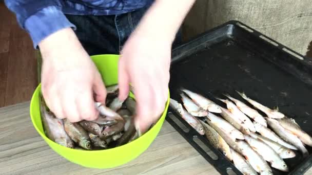 Han lägger flodfisk på en plåt. För bakning i ugnen — Stockvideo