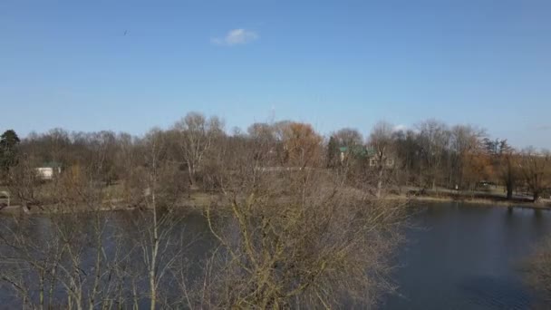 ロシツァ公園の春。木の後ろから離陸する。海岸には湖と公園が見えます。. — ストック動画