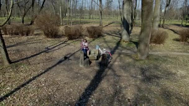 Egy biciklis lány sétál a tavaszi parkban. Leül egy padra és nézi a telefont. A biciklije a közelben van. Légi felvétel készült egy drón. — Stock videók