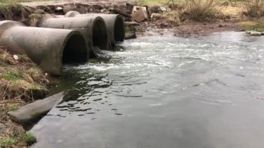 Streams of water flow through concrete sewers. A polluted body of water in a spring park.