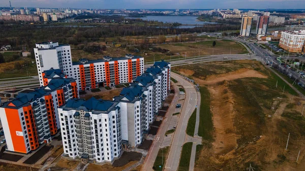 Flyg Över Byggarbetsplatsen Stadens Nya Byggnad Byggande Flervåningshus — Stockfoto