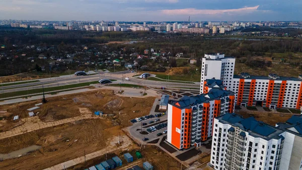 Flyg Över Byggarbetsplatsen Stadens Nya Byggnad Byggande Flervåningshus — Stockfoto