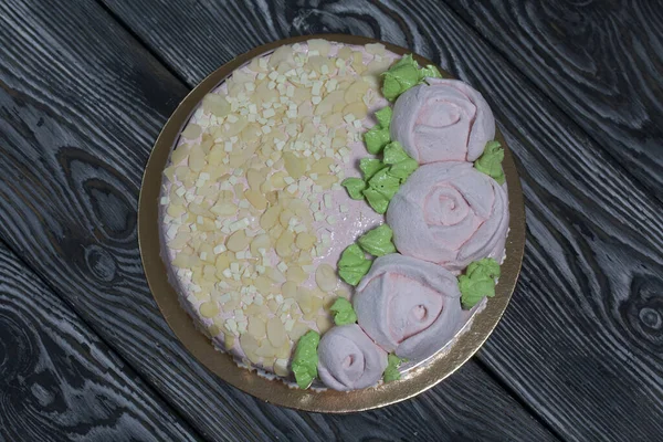 Tarta Malvavisco Capas Galleta Malvavisco Gelatina Decorado Con Rosas Malvavisco — Foto de Stock