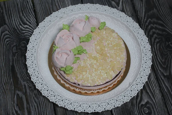 Tarta Malvavisco Capas Galleta Malvavisco Gelatina Decorado Con Rosas Malvavisco — Foto de Stock
