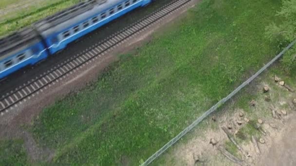 Erdőirtás a vasút mentén. Fűrészelt törzsek és nagy csonkok láthatók. Légi fotózás. Egy vonat halad el alattunk.. — Stock videók
