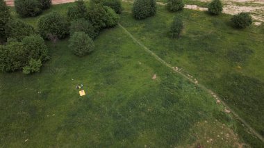 Yeşil bir çayırda güneşlenen bir kadın. Sarı bir halıda, karnının üstünde yatıyordu. Hava fotoğrafçılığı.