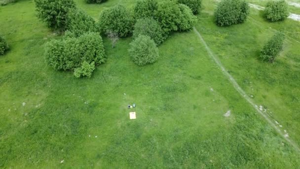 Yeşil bir çayırda güneşlenen bir kadın. Sarı bir halıda, karnının üstünde yatıyordu. Üzerinde bir dron uçuyor. Hava fotoğrafçılığı — Stok video