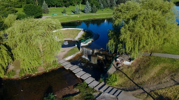 Urban Water System River Flowing City Fountains Waterfalls Aerial Photography — Photo