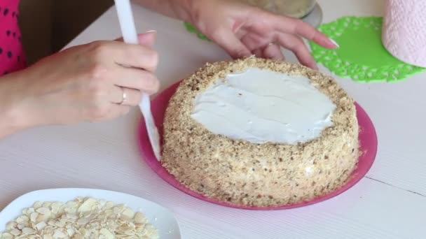Žena zdobí dort drobky ze sušenek. Dort obalený smetanou. Detailní záběr shora. — Stock video