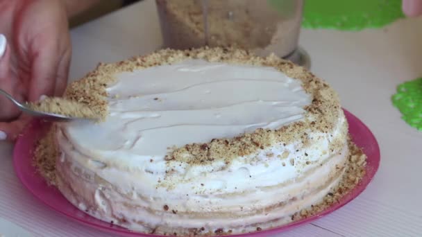 Una mujer decora un pastel untado con crema con migas de galletas. Ingredientes cercanos para hacer el pastel. Primer plano de disparo — Vídeo de stock