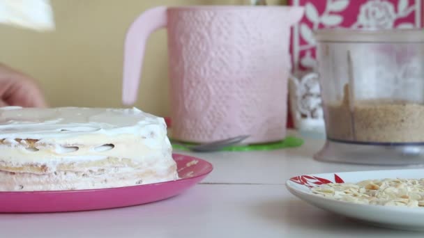 Una donna stende la panna sopra gli strati di torta, impilata una sopra l'altra. Ingredienti nelle vicinanze per fare la torta. Girato da un lato, primo piano. — Video Stock